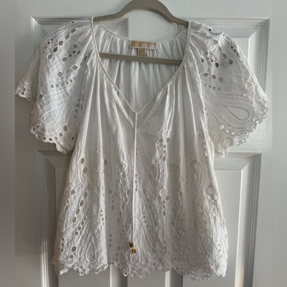 MICHAEL KORS White Cotton Short Sleeve Eyelet Lace Peasant Blouse
Top Size P/M - Picture 2 of 16